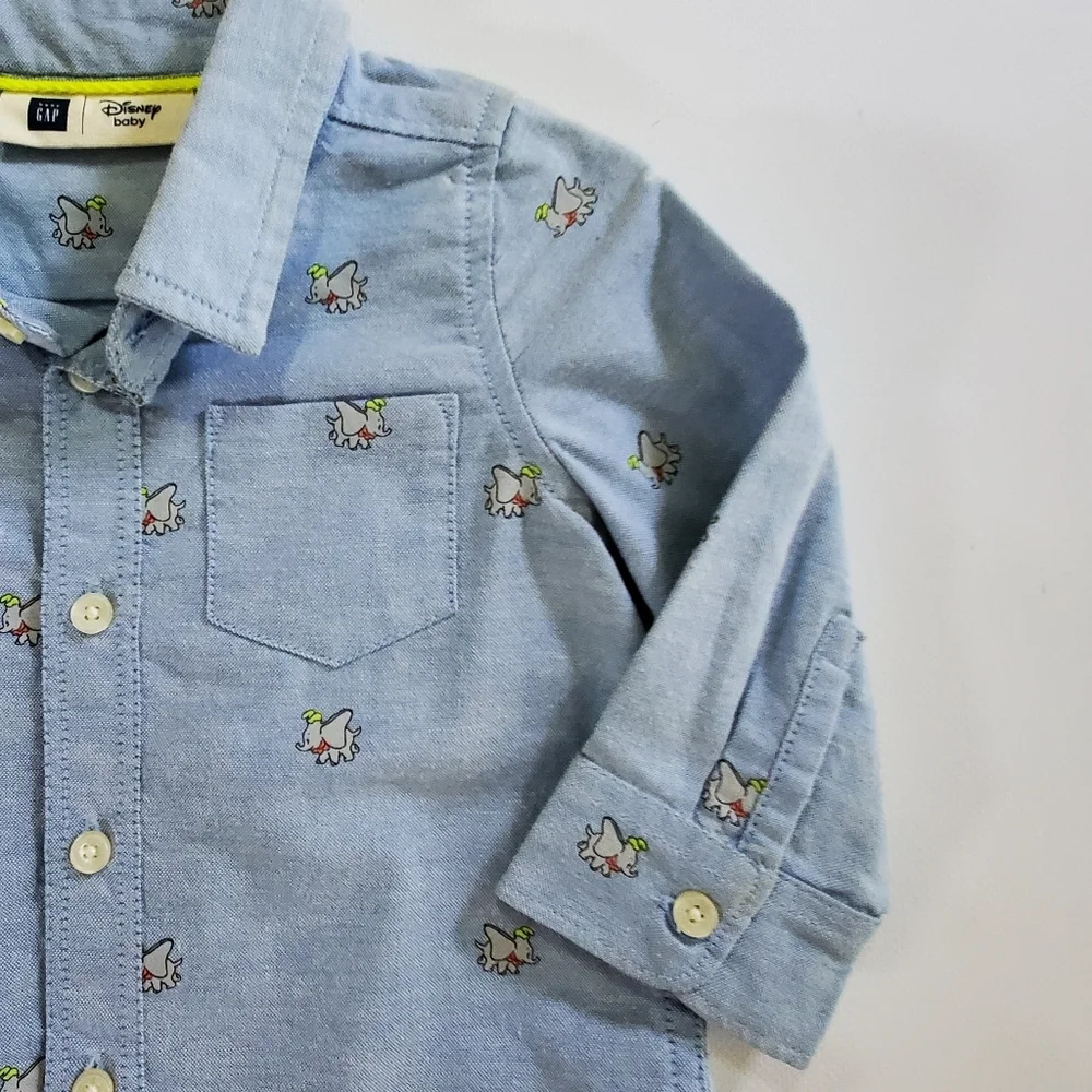 K1036 * Gap X Disney Baby Boys Dumbo Button Down Oxford Shirt Blue Size 6/12M